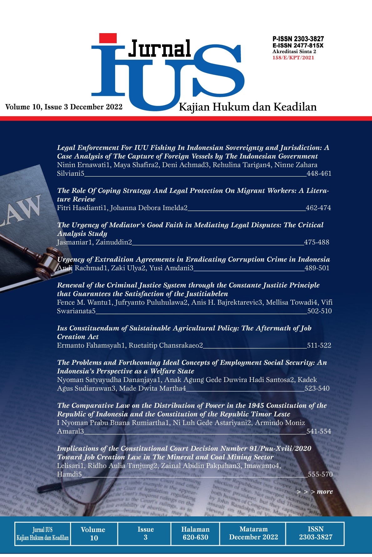 					View Vol. 10 No. 3: December 2022 : Jurnal IUS Kajian Hukum dan Keadilan
				